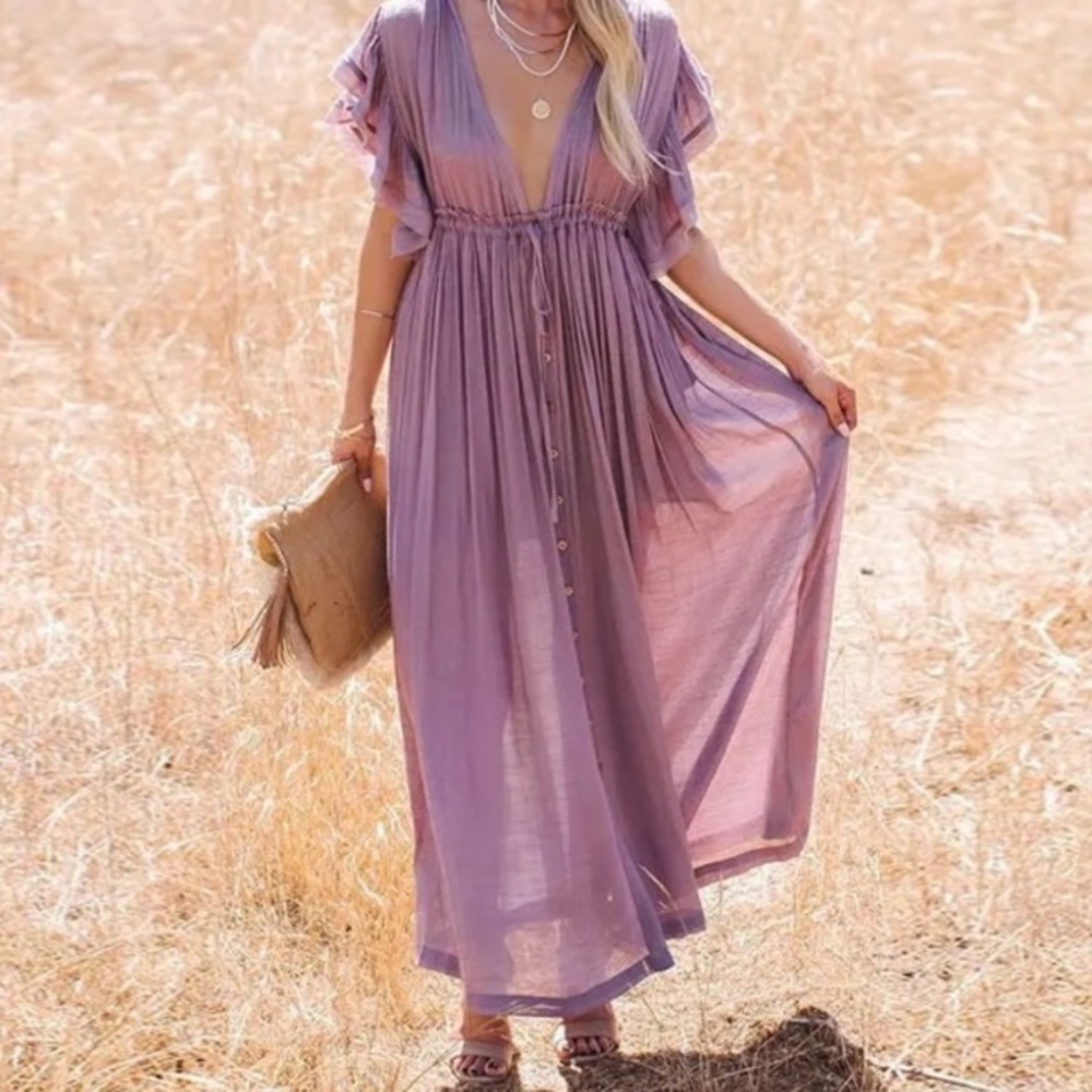 SOLD OUT Lavender Gauze Boho Button Maxi Dress - Picture 6 of 10